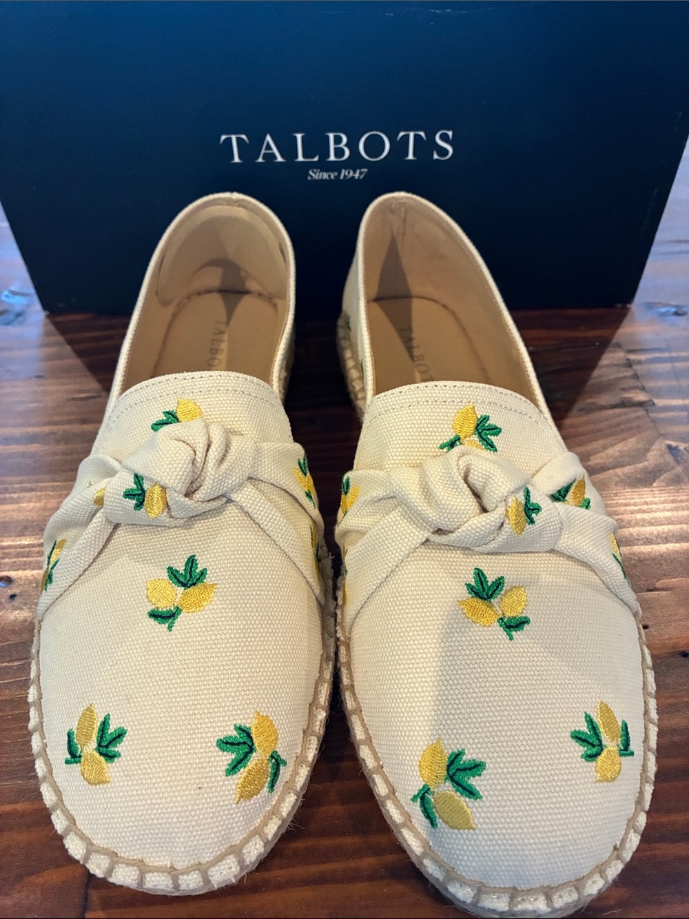 Talbots Cream Canvas Espadrilles with Yellow Lemon Embroidery